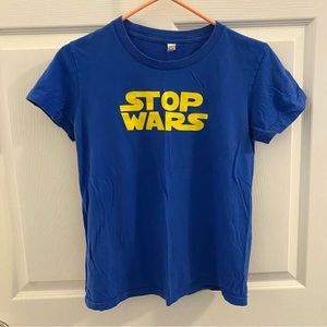 American Apparel Stop Wars Blue and Yellow T-Shirt Size L